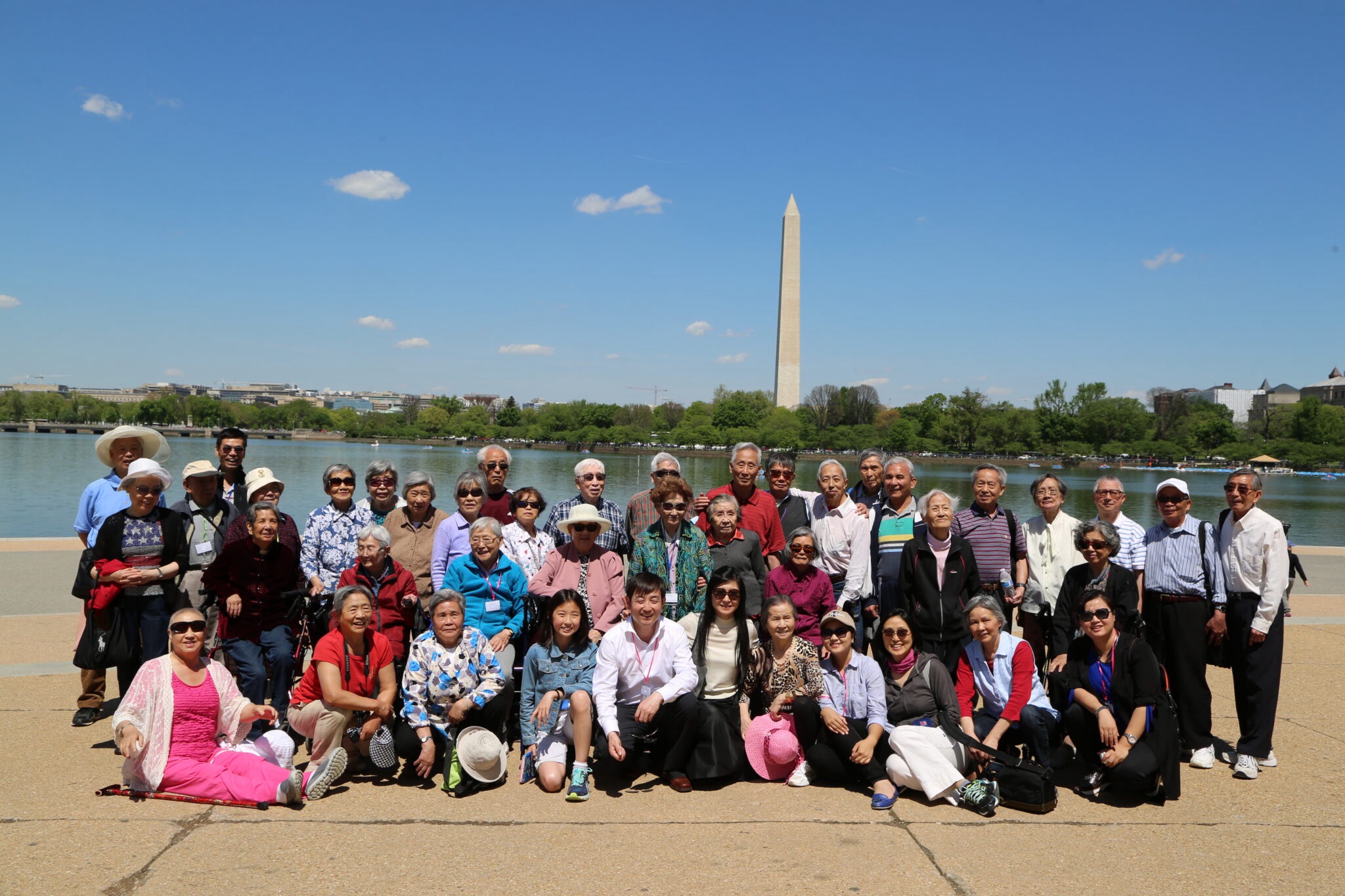 Seniors on a group outing at the Tidal Basin with the Washington Monument